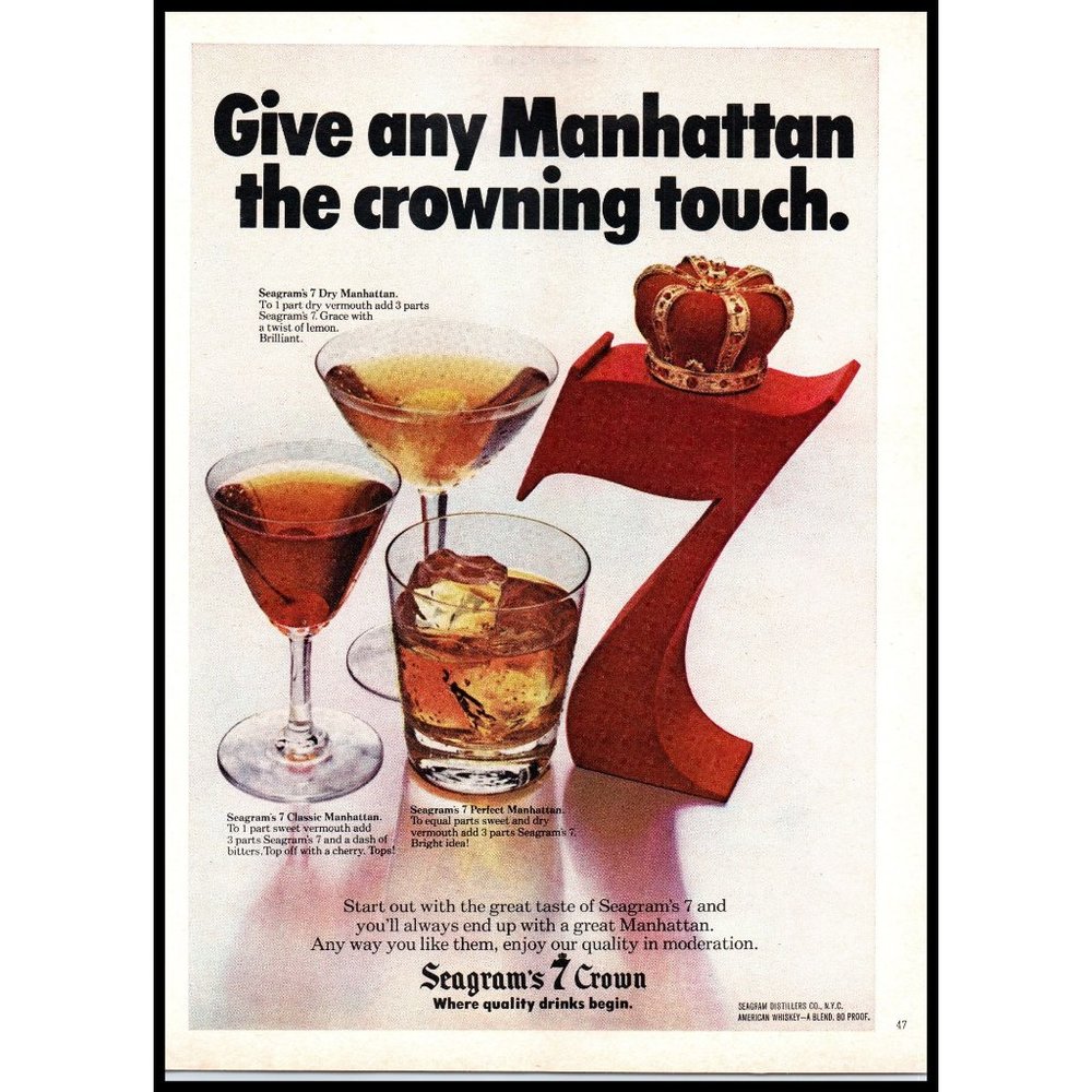 1978 Seagram's 7 Seven Crown Whiskey Vintage Print Ad Manhattan Cocktail Photo